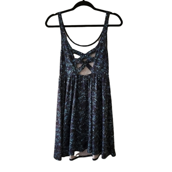 Hot Topic Sugar Skull Print Black Blue Purple Skater Dress Day of the Dead - Picture 3 of 9